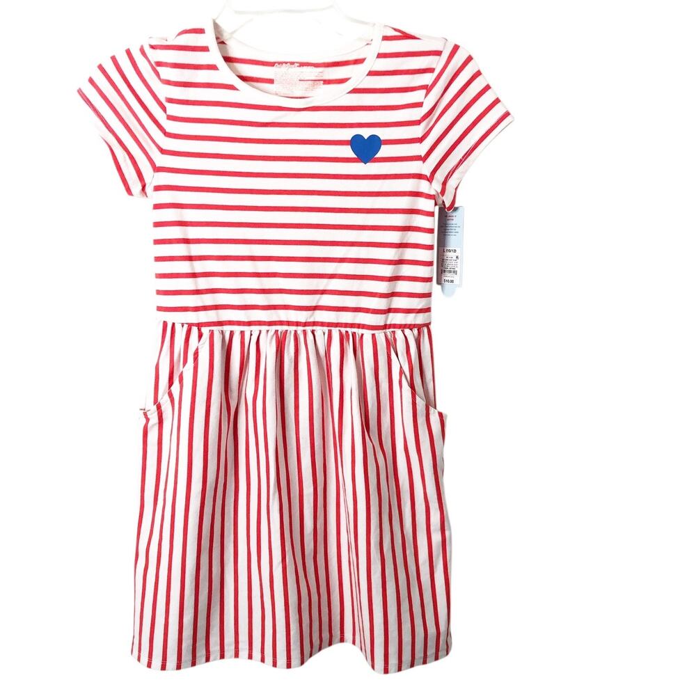 Cat & Jack NWT Red&White Striped Short Sleeve Dress w/Blue Heart Size L (10/12)